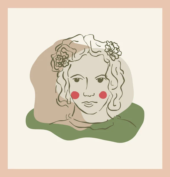 Female Portrait Flower Vector Single Clipart Framed Drawing Cartoon Girl — Stock Vector