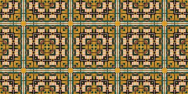 Geleneksel fayanslı, pürüzsüz sınır deseni. Kumaş efekti Meksika yaması damaske kenar kesimi. Kare şeklindeki simetrik arkaplan tekstil şeridi. Yaratıcı renkli grafik tasarım pankartı