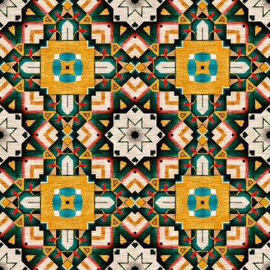 Geleneksel fayanslı, pürüzsüz mozaik iz. Kumaş efekti Meksika yamaca damask ızgara kare şekil simetrik arka plan tekstili. Yaratıcı renkli grafik tasarımı.