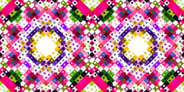 Garip geometrik piksel desen. Eğlenceli kaleydoskopik pembe duvar kağıdı. Kusursuz doku arkaplanı için renkli bir klasik jeo nokta mozaiği