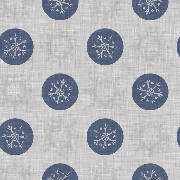 Seamless christmas snowflake woven linen pattern. Two tone seasonal farmhouse blue frost background. Holiday textile for french Xmas snow repeat.