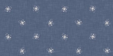 Kusursuz Noel kar taneleri örülmüş keten desenler. İki ton, mevsimlik çiftlik evi mavi don arka planı. Fransız Xmas karları için tatil tekstili