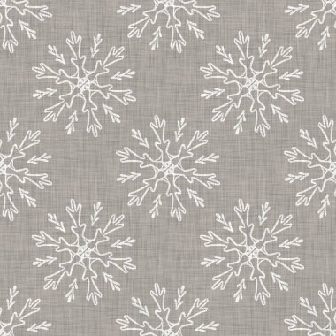 Kusursuz Noel kar taneleri örülmüş keten desenler. İki ton, mevsimlik gri çiftlik evinin donma arka planı. Fransız Xmas karları için tatil tekstili.