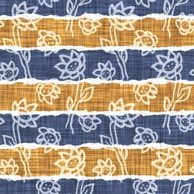 Kusursuz Fransız kırsal mutfak çizgili kumaş deseni. Mavi sarı beyaz yatay çizgili arka plan. Batik Boyası Kaynak Stili Kırsal Örgü Cottagecore Tekstili