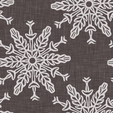 Kusursuz Noel kar taneleri örülmüş keten desenler. İki ton kahverengi çiftlik evi donma arka planı. Fransız Xmas karları için tatil tekstili