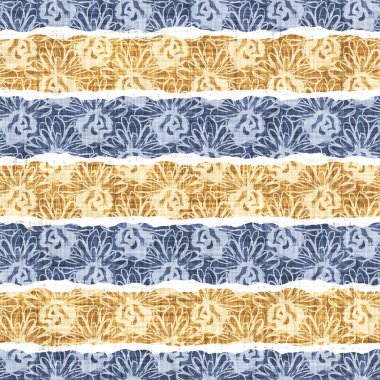 Kusursuz Fransız kırsal mutfak çizgili kumaş deseni. Mavi sarı beyaz yatay çizgili arka plan. Batik Boyası Kaynak Stili Kırsal Örgü Cottagecore Tekstili