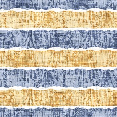 Kusursuz Fransız kırsal mutfak çizgili kumaş deseni. Mavi sarı beyaz yatay çizgili arka plan. Batik Boyası Kaynak Stili Kırsal Örgü Cottagecore Tekstili