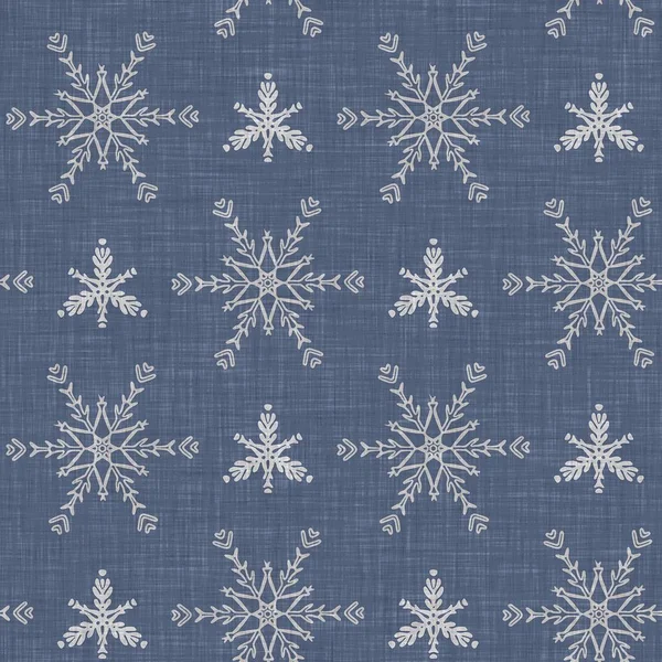 Nahtloses Weihnachtliches Schneeflockenmuster Aus Leinen Zweifarbige Saisonale Bauernhaus Blauen Frost — Stockfoto
