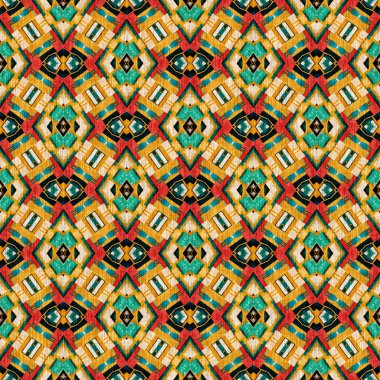 Geleneksel fayanslı, pürüzsüz mozaik iz. Kumaş efekti Meksika yamaca damask ızgara kare şekil simetrik arka plan tekstili. Yaratıcı renkli grafik tasarımı.