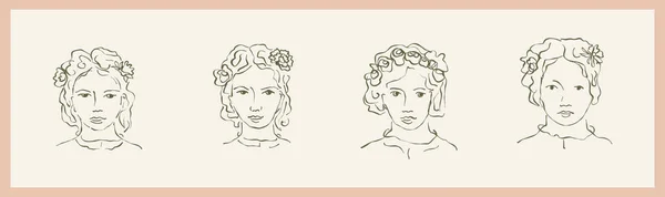 Kvinnligt Porträtt Med Blomma Samling Uppsättning Clipart Inramad Teckning Tecknad — Stock vektor