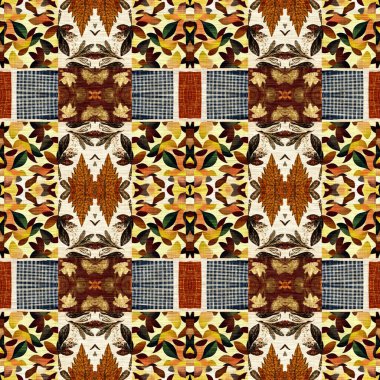 Sonbahar yaprağı yorgan stili, dikişsiz desen. 70 'lerin arka planı için basit bir yama tasarımı. Yeşilliğin doğal tasarımı