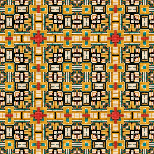 Traditional Tile Mosaic Seamless Pattern Print Fabric Effect Mexican Patchwork — Stok fotoğraf
