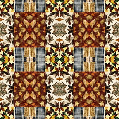 Sonbahar yaprağı yorgan stili, dikişsiz desen. 70 'lerin arka planı için basit bir yama tasarımı. Yeşilliğin doğal tasarımı