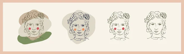 Portrait Féminin Avec Collection Fleurs Ensemble Cliparts Dessin Encadré Fille — Image vectorielle