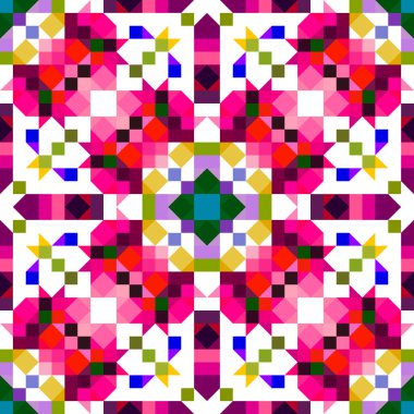 Retro geometrik piksel desen. Eğlenceli kaleydoskopik pembe duvar kağıdı. Kusursuz doku arkaplanı için renkli bir klasik jeo nokta mozaiği