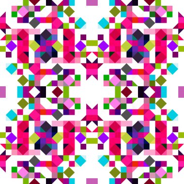 Retro geometrik piksel desen. Eğlenceli kaleydoskopik pembe duvar kağıdı. Kusursuz doku arkaplanı için renkli bir klasik jeo nokta mozaiği