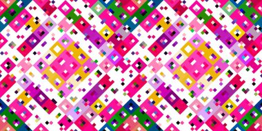 Retro geometrik piksel desen. Eğlenceli kaleydoskopik pembe duvar kağıdı. Kusursuz doku arkaplanı için renkli bir klasik jeo nokta mozaiği