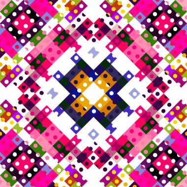 Garip geometrik piksel desen. Eğlenceli kaleydoskopik pembe duvar kağıdı. Kusursuz doku arkaplanı için renkli bir klasik jeo nokta mozaiği