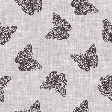 Çiftlik evi gri kelebeği pürüzsüz desen. Kırsal Fransız yaban hayatı tüm duvar kağıtlarında ekolojik güzellikler için. Tuhaf lepidopteranın dekoratif tekstilini tekrarla