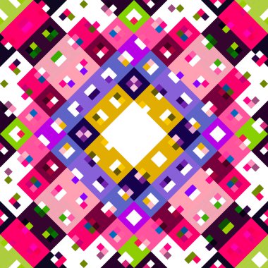 Kaleydoskopik coğrafi piksel deseni. Eğlenceli pembe duvar kâğıdı. Kusursuz doku arkaplanı için renkli bir klasik jeo nokta mozaiği