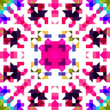 Retro geometrik piksel desen. Eğlenceli kaleydoskopik pembe duvar kağıdı. Kusursuz doku arkaplanı için renkli bir klasik jeo nokta mozaiği