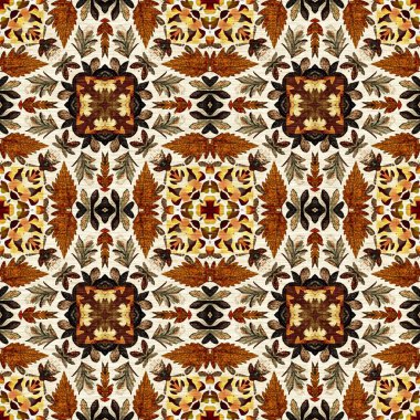 Sonbahar yaprağı yorgan stili, dikişsiz desen. 70 'lerin arka planı için basit bir yama tasarımı. Yeşilliğin doğal tasarımı