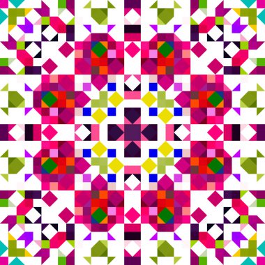 Retro geometrik piksel desen. Eğlenceli kaleydoskopik pembe duvar kağıdı. Kusursuz doku arkaplanı için renkli bir klasik jeo nokta mozaiği