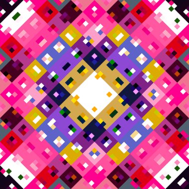 Kaleydoskopik coğrafi piksel deseni. Eğlenceli pembe duvar kâğıdı. Kusursuz doku arkaplanı için renkli bir klasik jeo nokta mozaiği