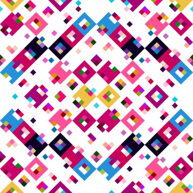 Kaleydoskopik coğrafi piksel deseni. Eğlenceli pembe duvar kâğıdı. Kusursuz doku arkaplanı için renkli bir klasik jeo nokta mozaiği