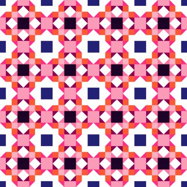 Retro geometrik piksel desen. Eğlenceli kaleydoskopik pembe duvar kağıdı. Kusursuz doku arkaplanı için renkli bir klasik jeo nokta mozaiği