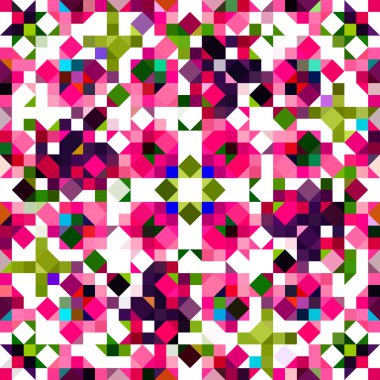 Retro geometrik piksel desen. Eğlenceli kaleydoskopik pembe duvar kağıdı. Kusursuz doku arkaplanı için renkli bir klasik jeo nokta mozaiği