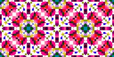 Retro geometrik piksel desen. Eğlenceli kaleydoskopik pembe duvar kağıdı. Kusursuz doku arkaplanı için renkli bir klasik jeo nokta mozaiği