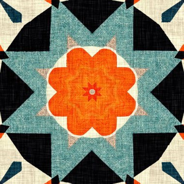 Yorgan kaplı Amerikana jeo-kusursuz desen. Her yerde Cottagecore var. Klasik geometrik yinelenen fayanslar için ev yapımı geleneksel zanaat