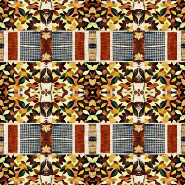 Sonbahar yaprağı yorgan stili, dikişsiz desen. 70 'lerin arka planı için basit bir yama tasarımı. Yeşilliğin doğal tasarımı