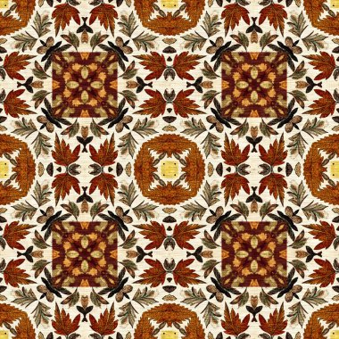 Sonbahar yaprağı yorgan stili, dikişsiz desen. 70 'lerin arka planı için basit bir yama tasarımı. Yeşilliğin doğal tasarımı