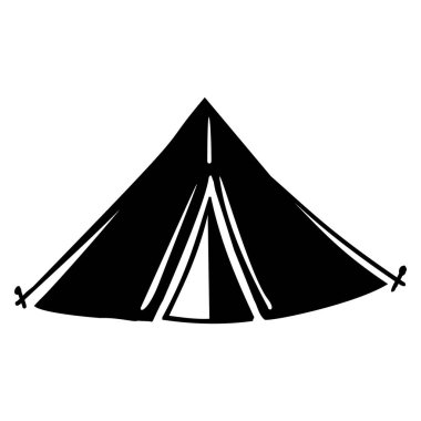 Açık hava kamp çadırı düşük kaşlı vektör çizimi. Ormanlık kamp alanının halk sanatı karalaması