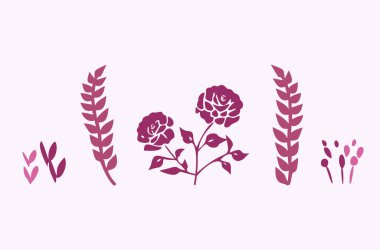 Quirky vector botanical plant set. Whimsical collection of flower illustration for viva magenta color of the year