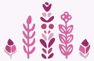 Quirky vector botanical plant set. Whimsical collection of flower illustration for viva magenta color of the year