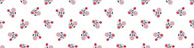 Red and blue folkart quilt vector border. Seamless scandi all over fabric for whimsical patchwork banner