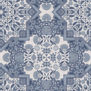 Farmhouse blue intricate country cottage seamless pattern. Tonal french damask style background. Simple rustic fabric textile for shabby chic patchwork