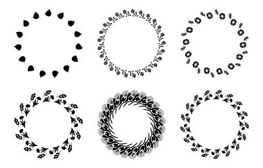 Set of six botanical wreath frames. Vector woodland invitation borders for wedding illustration.