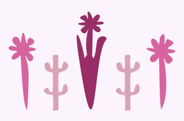Quirky vector botanical plant set. Whimsical collection of flower illustration for viva magenta color of the year