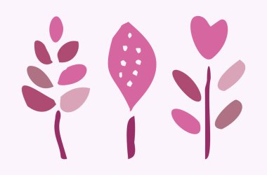 Quirky vector botanical plant set. Whimsical collection of flower illustration for viva magenta color of the year