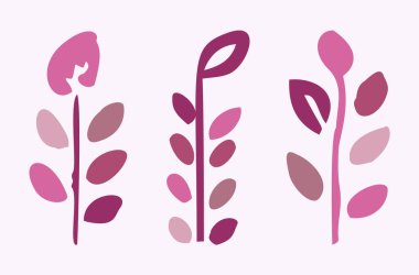 Quirky vector botanical plant set. Whimsical collection of flower illustration for viva magenta color of the year