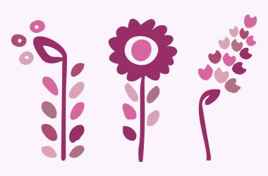 Quirky vector botanical plant set. Whimsical collection of flower illustration for viva magenta color of the year