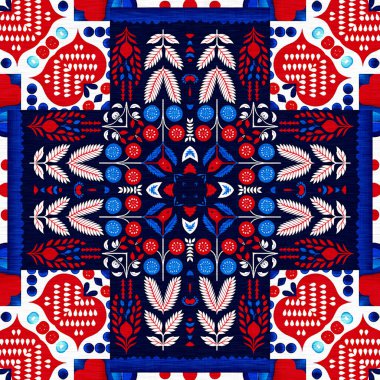 Folkart quilt whimsical pattern. Norwegian style European cloth. Patchwork red white blue trendy allover print