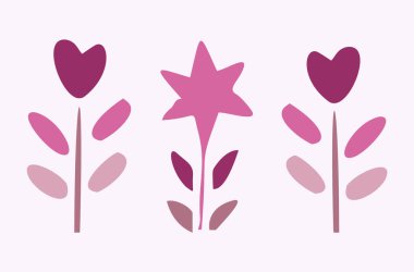 Quirky vector botanical plant set. Whimsical collection of flower illustration for viva magenta color of the year