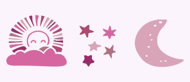 Cute whimsical sun and moon set of vector motifs. Illustration of night and day sky collection for children clipart
