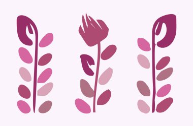 Quirky vector botanical plant set. Whimsical collection of flower illustration for viva magenta color of the year