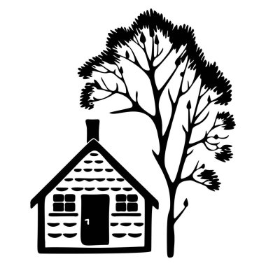 Çiftlik yeri tarzı şirin kır evi motifi. Kırsal evlerin ilginç illüstrasyonları